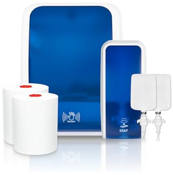 Blanc HYGIENIC KOMPLETT-Set Waschraum Sensor: Handtuchrollenspender Sensor + 2 TAD Handtuchrollen + Schaumseifenspender Sensor + 2 Kartuschen Farbe Blau/Weiß