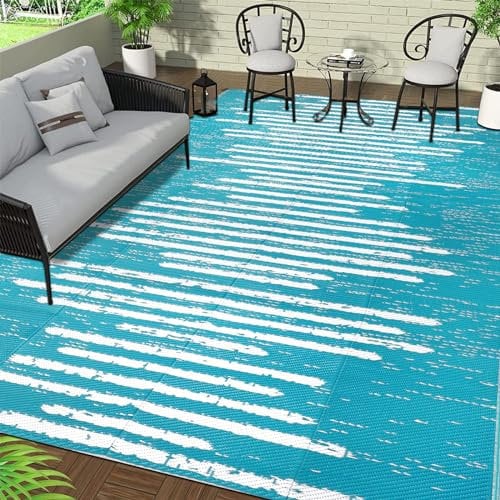 Falflor 180x270cm Plastic Outdoor Rug Waterproof Reversible Rug Lightweigh Indoor Outdoor Rug Plastic Straw Rug Large Outdoor Floor Mat for Camping RV Patio Deck (Teal)