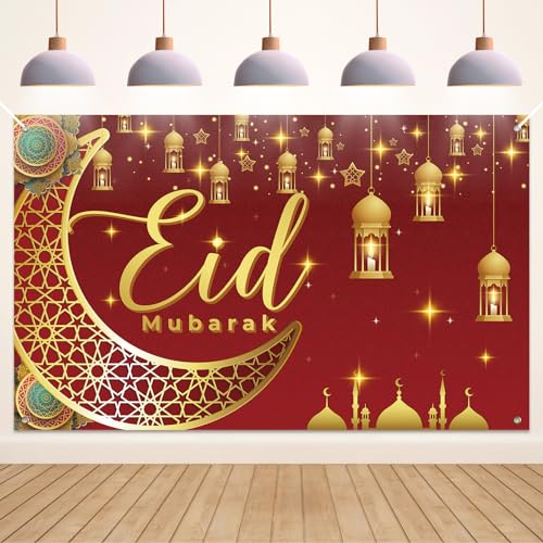 Koliphy Eid Mubarak Banner Deko, Eid Mubarak Deko Banner Muslim Gebete Eid Indoor Outdoor Al-Fitr Party Hintergrund Dekorationen, 180 x 110cm (Rot)
