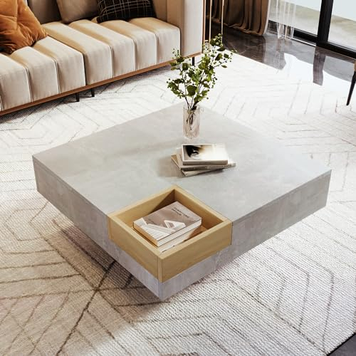 Merax Couchtisch, Moderner Wohnzimmertisch Holz mit stauraum, Beistelltisch mit herausnehmbarer Aufbewahrungsbox,72x72x30cm, Grau und Holzfarbe