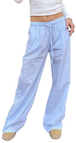 WangsCanis Damen Y2k Gestreifte Lounge Hose Mit Weitem Bein, Hoher Taille Und Tasche - Nadelstreifen Ausgehhose (Cc Blau, 36, S)