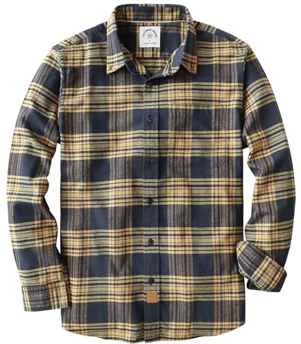 Dubinik® Chemise en flanelle pour homme 100 % coton, chemise à carreaux en flanelle à manches longues, douce, décontractée, à boutons, Bleu marine/jaune, Taille 4XL