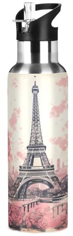 Wzzzsun Amour Rose Paris Tour Eiffel Isotherme Bouteille d'eau avec Paille, Gourde Sport en Acier Inoxydable 600ML Gourdes sans BPA pour Enfant Garçon Fille École Bureau