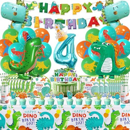 Dinosaures Ballon Anniversaire 4 Ans, Décoration et Vaisselle Set 104 Pcs avec Nappe Assiette Gobelet, Jungle Fête Déco pour Garçons Filles