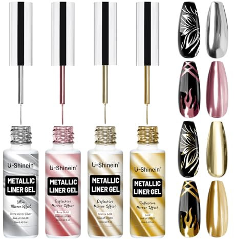 U-Shinein 4x12ml Metallic Gel für Nägel - Spiegel-Chrom-Effekt Nail Art Set mit Integriertem Dünnem Pinsel - UV Liner für DIY Maniküre, Set C