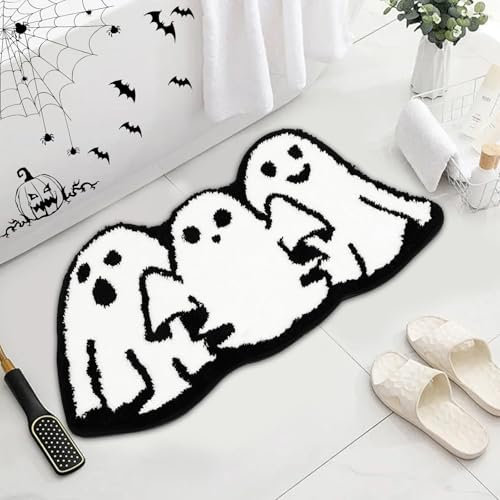 Halloween Deko Fußmatte, Halloween Geist Fußmatte Gruselig Badematten, Geister Kürbis Teppich Horror Deko, Halloween Dekoration rutschfeste Bodenmatte für Badezimmer, Küche, Raumdekoration