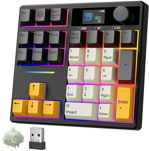 BOYI TD31Pro Mechanical Numpad,Mini Keyboard with Screen&Knob,Bluetooth5.0/2.4G/Type-C Wireless Numeric Keypad,Gasket HotSwap RGB Number Pad,PBT Keycaps Rechargeable Number keypad for PC(Black-Grey)