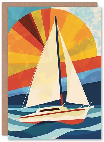 Artery8 Abstract Orange Red Blue Sailing Sail Boat Sunset Blank For Him Or Her Art Birthday Card