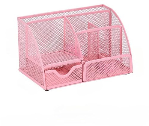 Sinxioer Desk Organiser Pink Metal Mesh 7 Compartment Pencil Holder, Desk Tidy Caddy for Pens Clips Notes Home Office Study