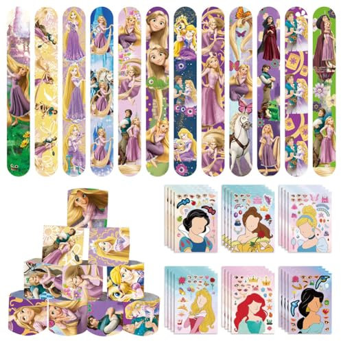 JXADVOK Set Borse per Festa Compleanno Principessa, Braccialetto Principessa Schiaffo per Bambini, Adesivi Principessa,Tema Principessa per Bambini per Festa Compleanno Party Supplies Favors Bambini