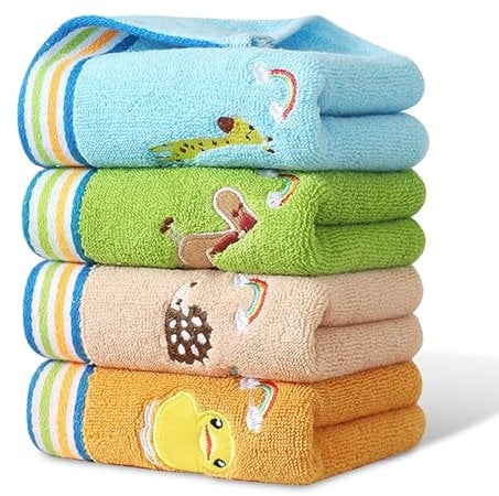 Yudobliss Handtuch, 4 Stück Cartoon Handtuch, 25 x 50cm Stickerei Handtücher, Handtücher mit Cartoon Tiermuster, Für für Sport, Camping, Heim, Hochzeit (4 Farben)