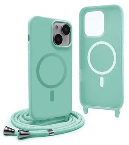 Magnetic Cover for iPhone 13 Mini with Lanyard, Compatible with MagSafe, Silicone Case with Adjustable Neck Strap Nylon Chain Necklace Strap – Mint Green