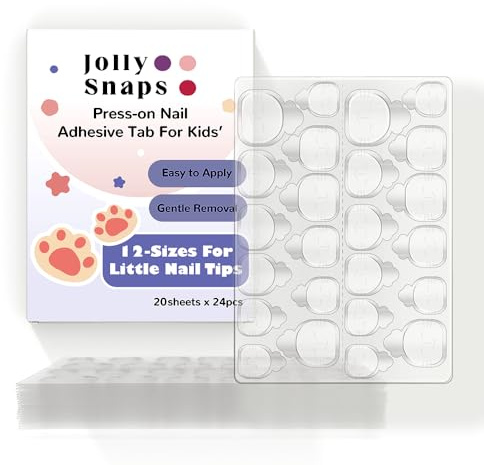 Jolly Snaps XS Non-Toxic Nail Adhesive Tabs for Kids | 480 PCS Extra Strong Sticky Tabs for Press On Nails | Ultra Thin & Easy to Use | 20 Sheets Nail Glue Tabs