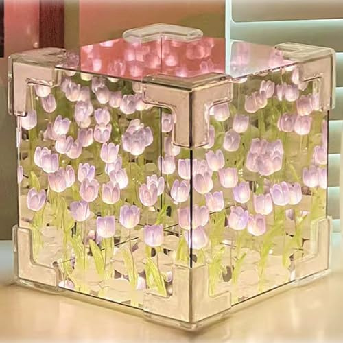 Neioaas Tulip Cube Mirror Light - handgemachtes DIY Tulip Light Kit, 2-in-1 Spiegel Tulip Nachtlicht, süße Tulpe dekoratives Licht für Geburtstagsgeschenke für Frauen und Mädchen (Lila)