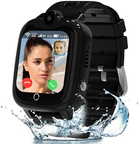4G Smartwatch Kinder, Kinder Smartwatch mit GPS und Telefon, HD Videoanruf, SOS, Schulmodus, Spiel, Wecker, Smart Watch mit SIM, Wasserdicht Kinderuhr Handy Geschenk für Jungen Mädchen Student, Black