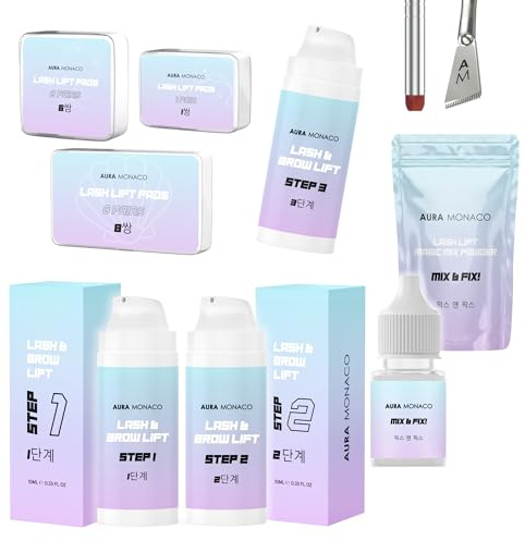 AURA Monaco | Korean Lash Lift Kit – komplettes Profi-Set mit Step 1–3 Lotions, Mix & Fix Powder, Pads & Tools – sanfte koreanische Formel, glue-free Anwendung, über 40 Behandlungen
