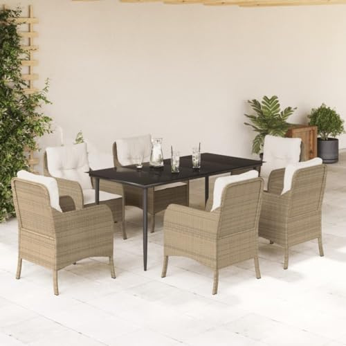 Salon de jardin 7 pièces en polyrotin avec coussins, plateau en verre 160 x 80 cm, pour terrasse et balcon Beige