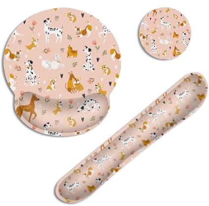 Cute Dog Flower Ergonomic Keyboard Wrist Rest Pad and Mouse Mat Set,Wrist Support with Memory Foam and Non-Slip Rubber Base,Comfortable Typing and Pain Relief for Home Office, Gaming and Computer Desk