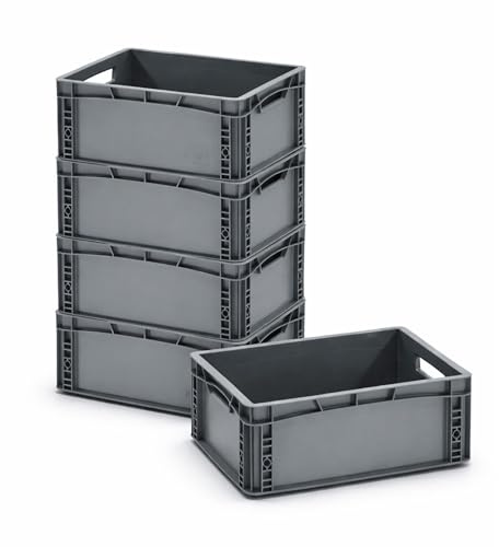 RODOPI 5x Eurobox 40x30x17 cm, stapelbar, graue Transportbox aus PP-Kunststoff, Eurobehälter mit 2 Grifföffnungen, Aufbewahrungsbox für Lager, Werkstatt, Haushalt