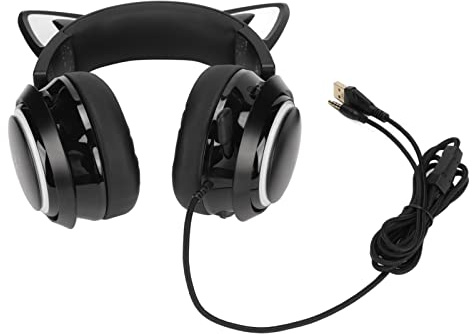 FILFEEL Gaming-Headset mit 8 Farblichteffekten, 3 Soundmodi und DIY-Katzenohrabdeckungen – Kabelgebunden, 3,5 Mm USB, Schwarz