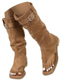 ENEN Stivali infradito da donna, in pelle scamosciata, estivi, motivo forato, in ecopelle, piatti, per feste, club, uso quotidiano, estate, tempo libero, 35-42 EU