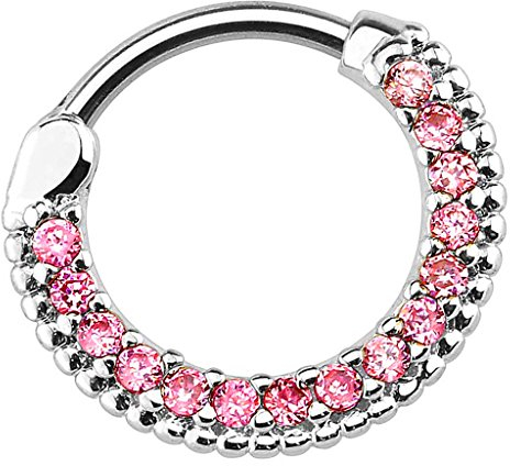 Piersando Piercing Scharnier Clicker Ring Schild Tribal mit Kristall Strass Steinen Vintage Septum für Tragus Helix Ohr Nase Lippe Brust Intim Silber Pink 1,2mm
