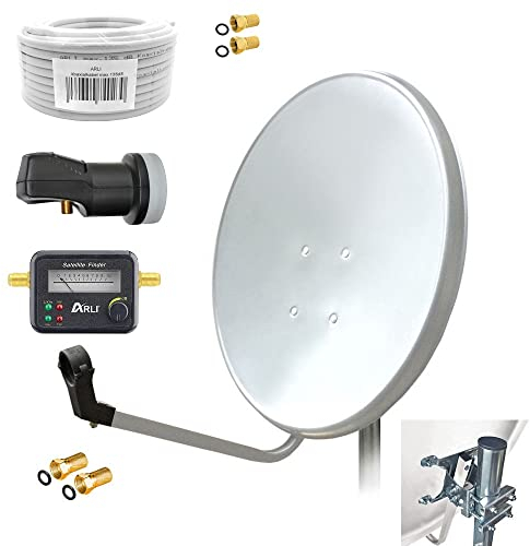 ARLI 60cm HD Sat Anlage Single LNB + 50m Koaxialkabel 135dB + Satfinder + 2 F-Stecker Digital 1 Teilnehmer Antenne lichtgrau/Weiss UHD 4K FullHD