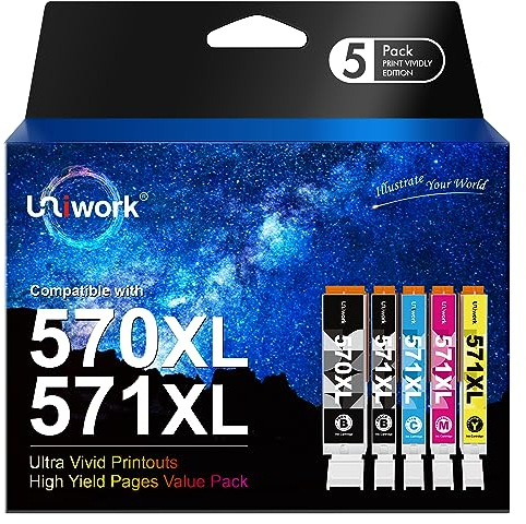 Uniwork Tintenpatrone Ersatz für Canon PGI-570XL CLI-571XL kompatibel zu PIXMA TS6050 TS6051 MG6850 MG6852 MG6853 TS5050 TS5051 TS5055 MG5750 MG5751 (PGBK B) Lack Cyan M Agenta-Gelb, 5er-Pack
