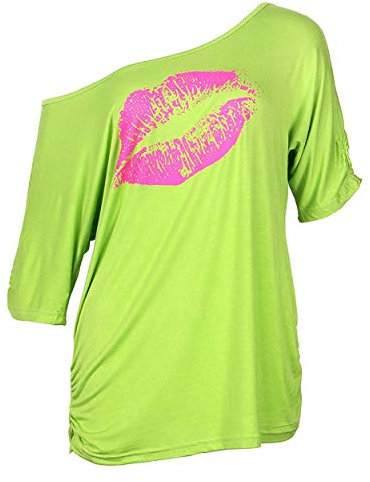 Smile Fish Women Casual Oversized Sexy Lips Print Off Shoulder T-Shirt Long Sleeve Pullover, Fluorescence Green, L