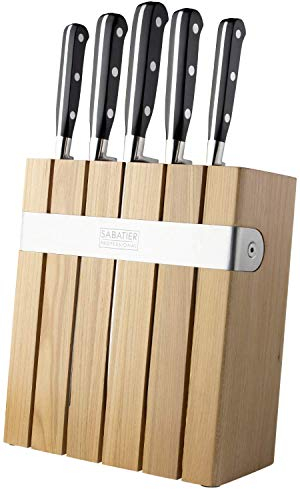 Sabatier Professional Slotted 5 Piece Knife Block Set - Solid Wood, Full Tang Knives, High Carbon Steel, Taper Ground Blades, Triple Rivet Comfort Handles. Sharper for Longer. by Taylors Eye Witness.