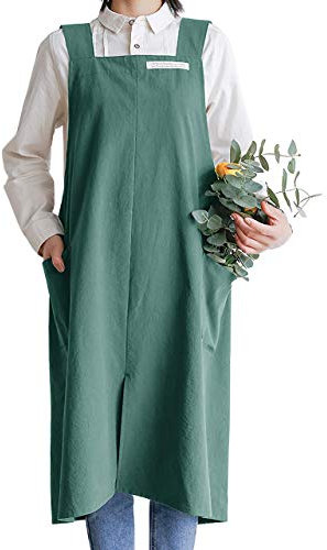 Hanee Küchenschürzen aus 100% Baumwolle für Damen und Herren, ohne Binden, Cross-Back-Design und große Seitentaschen (grün),Kittel für Frauen, Servier,Japanische Kochschürze