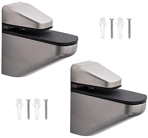 UFURMATE Lot de 2 pinces à verre réglables à fixation murale en bois/verre Finition brossée Alliage de zinc Supports de fixation d'étagère Supports de fixation pour étagères de 7 à 40 mm d'épaisseur