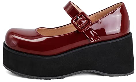 MJIASIAWA Damen Runde Zehen Mary Jane Lack Plateau Keilabsatz Pumps Leisure Komfort Weit Fit Knöchelriemchen Heel Schuhe Rotwein Gr 35 EU