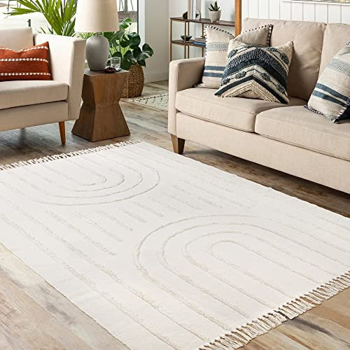 Lanffia Boho-Teppich, getuftete Baumwolle, Regenbogen, Wohnzimmerteppich, handgewebt, waschbar, Bauernhaus, Tribal-Bodenteppich für Eingangsbereich, Schlafzimmer, Küche, Beige