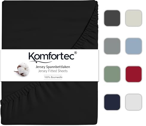 Komfortec Spannbettlaken Jersey 100% Baumwolle – 90x200 cm – 135g/m² – Weich, Atmungsaktiv & Hautfreundlich – Mit Rundumgummi – Oeko-Tex Zertifiziert – Für Boxspring, Topper & Matratzen – Schwarz