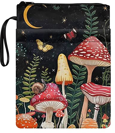 Biyejit Buchhülle mit Reißverschluss, Motiv: Waldschmetterling, Pilz, Schutz für Taschenbuch, Bibel, waschbarer Stoffbeutel mit Tasche für Teenager, Erwachsene, Geschenk für Buchliebhaber