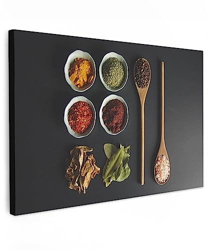 MuchoWow© Bilder 60x40 cm Wohnzimmer Deko Modern Wandbild Kunstdruck auf Leinwand über Bett Room Decor Geschenke Küchen - Schöpfkelle - Gewürze - Kräuter - Grün - Braun - Rustikal
