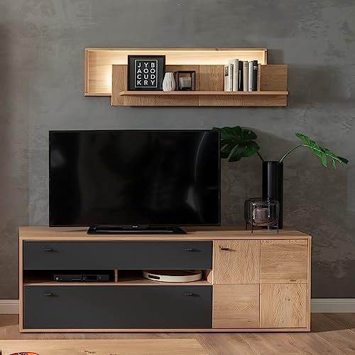 Lomadox Wohnwand Anbauwand Eiche Bianco teilmassiv 2-teilig Modern, 1 Wandboard, 1 TV-Lowboard inkl. LED-Beleuchtung