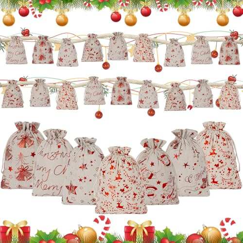 CAUTIOUS 18 Stück Geschenktüten für Weihnachten, Jute, Geschenktüten aus Jute, mit Kordelzug, für Adventskalender, Überraschungstüten, DIY, Dekoration