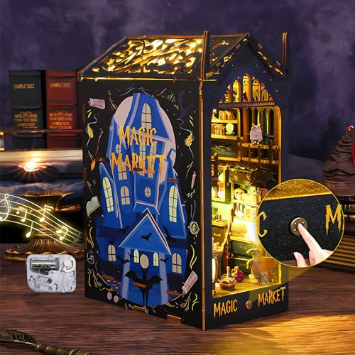 DARCKLE Book Nook DIY Kit Fantasy - 3D Holz Booknook Pharmacist Magic House mit LED & Musikschalter, Bücherregal Deko Mini Welt, Miniatur Bastelset, Kreatives Geschenk für Erwachsene