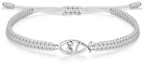J.Endéar Christlicher Fisch Armband Silber 925 für Damen, Handgemachtes Geflochtenes Stoffarmband Grau für Mädchen, Kommunion-Taufgeschenk