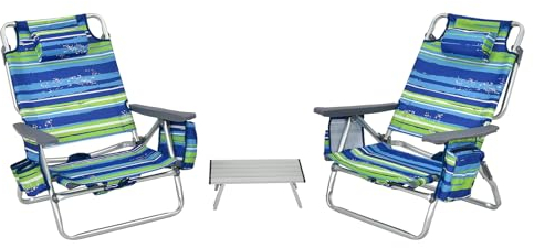 KOMFOTTEU Set di 2 Lettini Prendisole Pieghevoli e Tavolino, Lettini da Spiaggia con Poggiatesta e Schienale Regolabile, Sedie Sdraio Portatile con Borse Laterali per Giardino, Piscina (Blu)