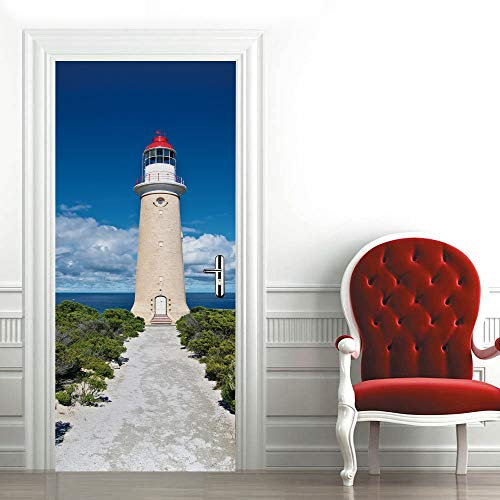Türposter PVC 3D Türaufkleber Weißer Leuchtturm Türfolie Türtapete Art Home Dekoration Tapetentür Wasserdichtes Selbstklebend DIY Türbild B90 x H200cm