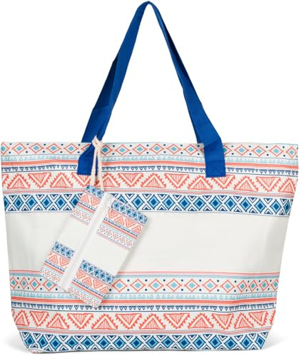styleBREAKER Große Strandtasche mit buntem Azteken Boho Muster | Damen Schultertasche mit Reißverschluss & Extra-Täschchen | 57,5 x 40 x 15 cm, Farbe:Dunkelblau-Creme