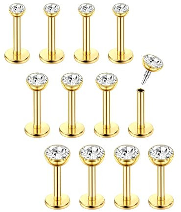 Chriscoco 16G 12Pcs Helix Piercing Chirurgenstahl Ohr Conch Nasenpiercing Tragus Lippenpiercing Labret Studs 6mm für Frauen Männer CZ Gold