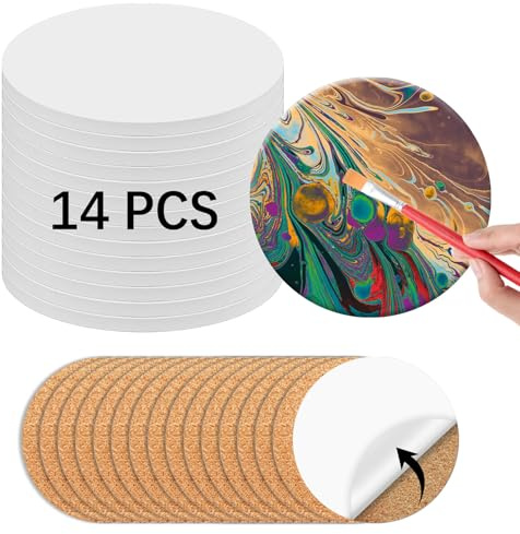 14 PCS Round Ceramic Tiles for Crafts 4x4 inches and self Adhesive Cork mat, unglazed Ceramic Coasters for Crafts ,Use with Alcohol Ink or Acrylic Pouring Make Your Own DIY Coasters