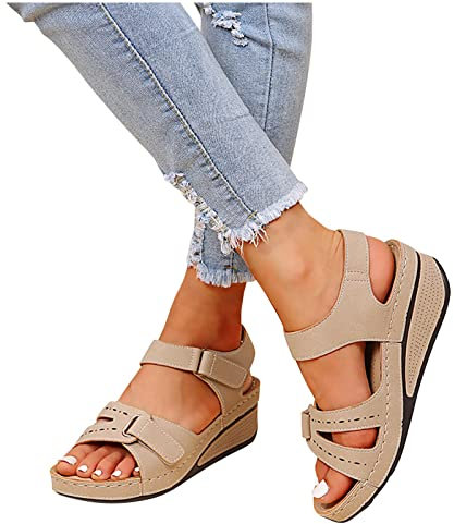 Sandals for women UK Clearance, Orthopedic Shoes for Women Plantar Fasciitis, Comfort Wedge Sandals, Open Toe Ankle Strap Sandals, Summer Wide Fit Cushion Walk Leather Sandals with Arch Support