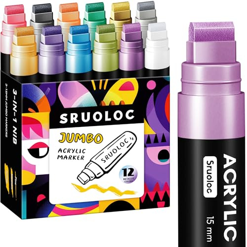 SRUOLOC 12 Metallic Colors Jumbo Markers, 15mm Jumbo Felt Tip, Acrylic Paint Markers for Rock Painting, Poster, Stone, Ceramic, Glass, Wood, Canvas