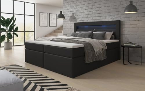 Boxspringbett Reposito 180x200 Doppelbett Polsterbett Bett mit LED-Beleuchtung, USB-Anschluss und Stauraum | Bezug: Kunstleder | Farbe: Schwarz | Härtegrad: H4 (100kg+)