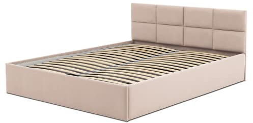 Mebligo - Polsterbett 180x200 mit Bettkasten, Bettgestell, Doppelbett mit Lattenrost, Schlafzimmer Bett mit Kopfteil, Stauraumbett Monos, Bett Ohne Matratze - Beige (Trinity 02)